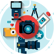 Illustration mit Fotapparat, Objektiven, Fotostudio & Blitz für Fotografie Alsdorf